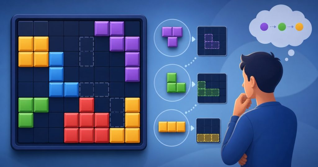 Bàn cờ Block Blast với các khối được tính trước vài nước