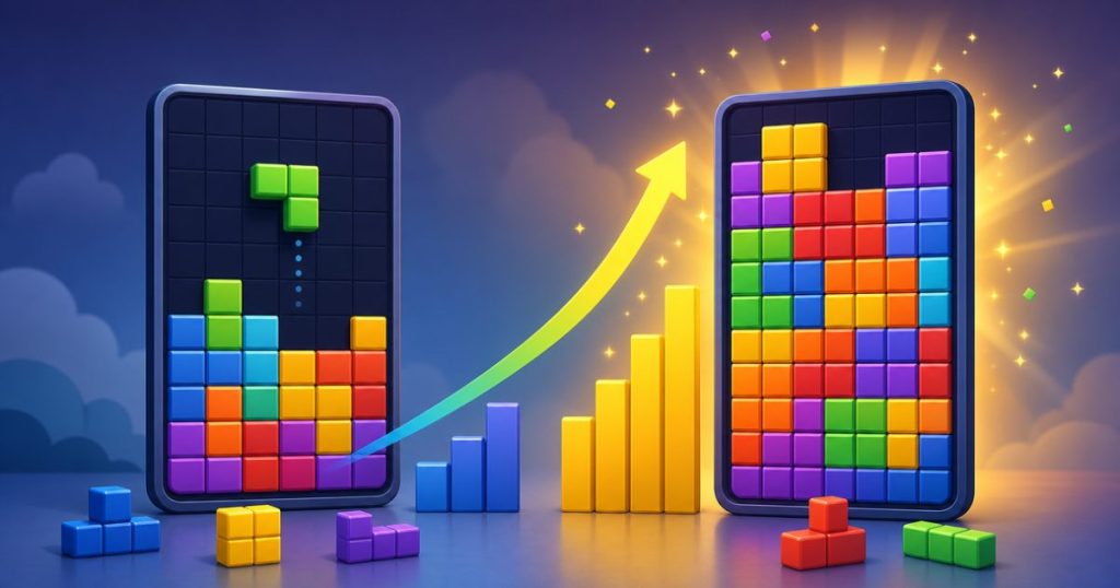 A Block Blast puzzle board with a rising score counter