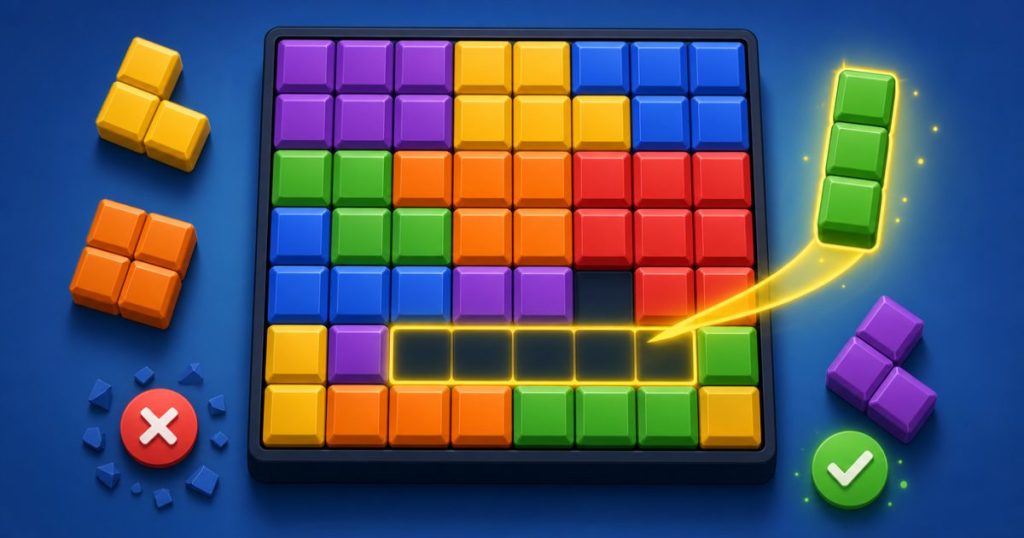 Bàn cờ Block Blast với các khối màu và khoảng trống cần giữ lại